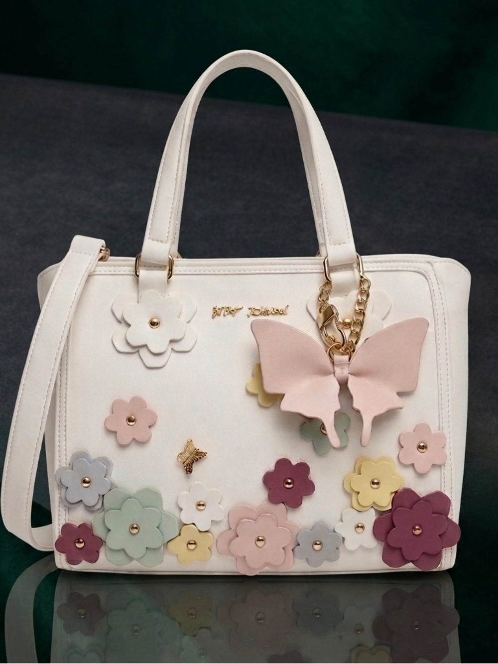 Betsy Johnson White Pink Multi 3-D Applique Floral Butterfly Charm Satchel Bag - Picture 3 of 9